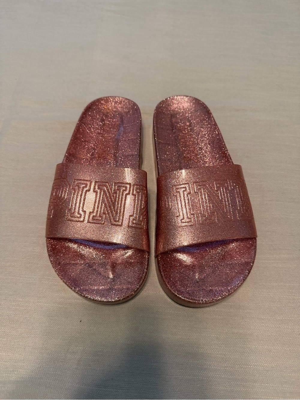 PINK Victoria's Secret Rose Gold Glitter Slide Sandals